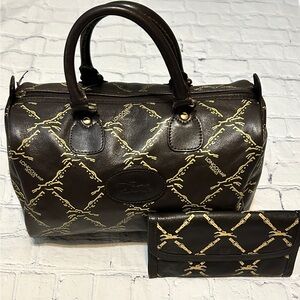 Longchamp Equestrian Brown Napa Leather Boston Bag & Long Wallet Set